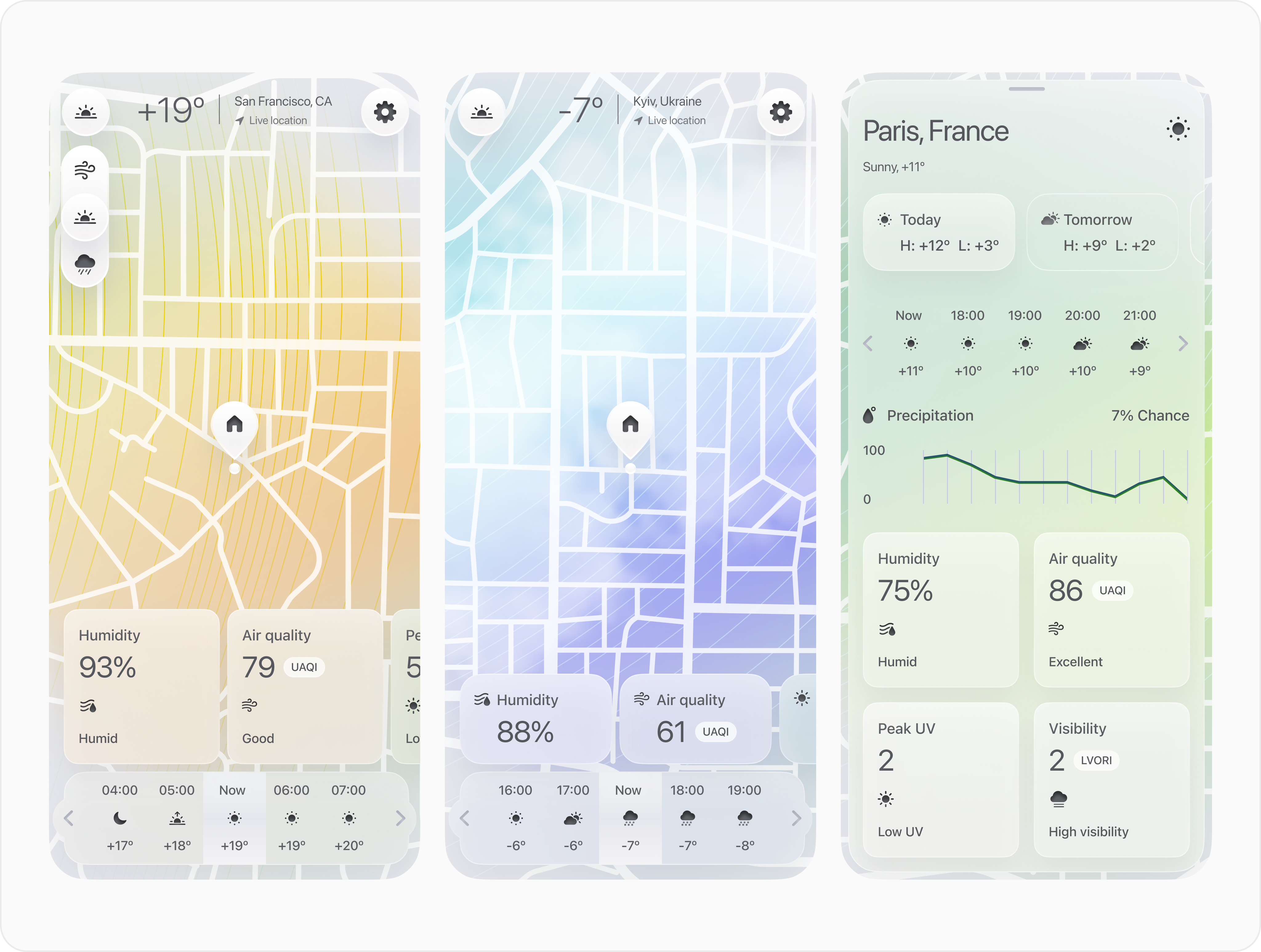 Three screens of weather application